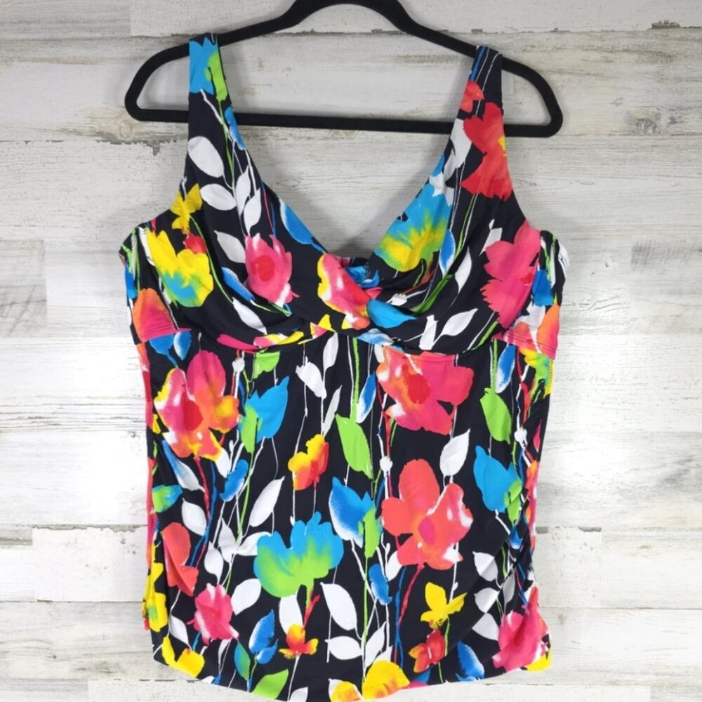 ANNE COLE WOMEN'S PLUSSIZE 22W FLORAL TWISTFRONT SHIRRED TANKINI SWIM TOP *EUC*